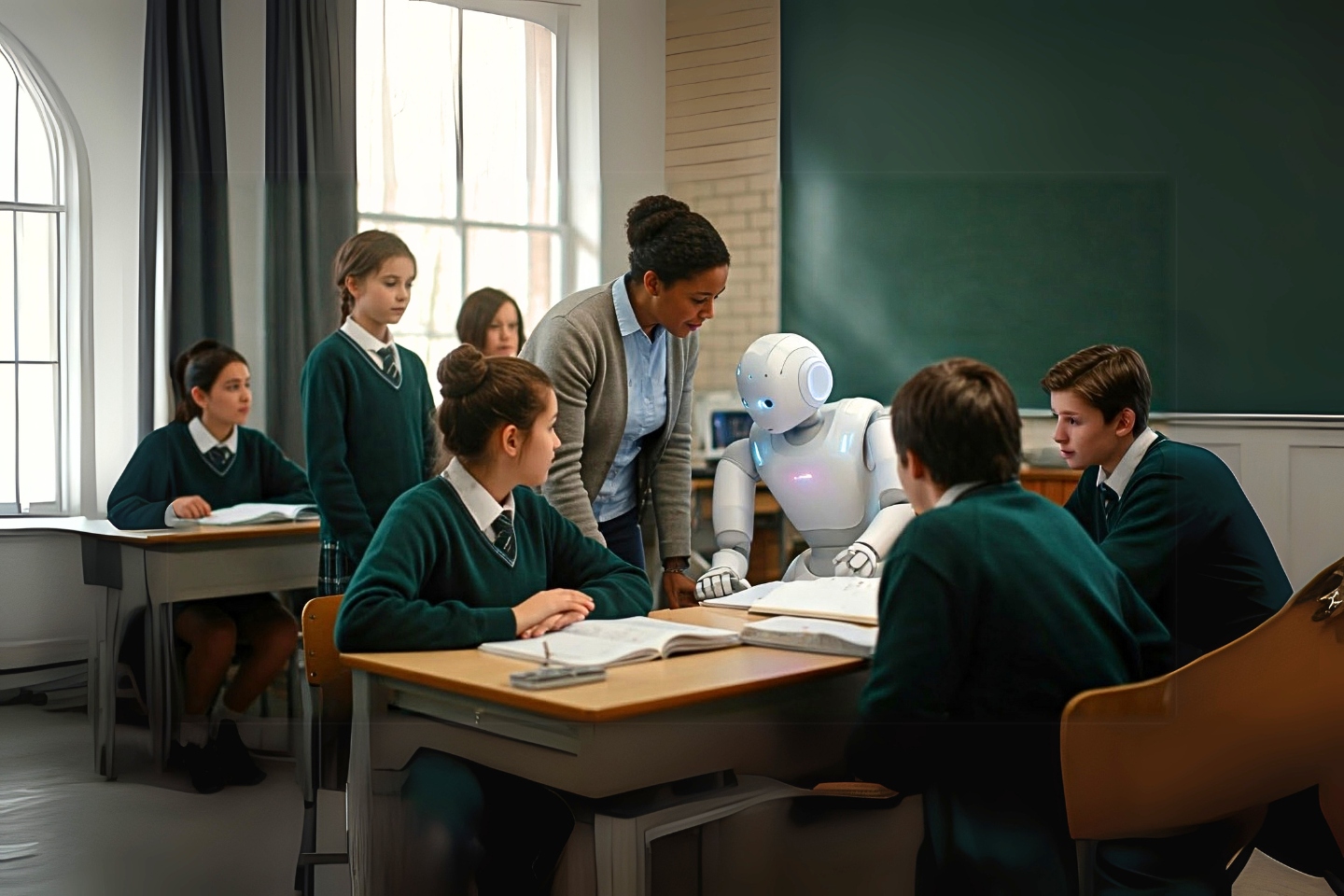 In this AI-generated image, a female teacher leans down to look at work on a desk where several students in uniform are working. A robot is also leaning over a text book and appears to be reading it.