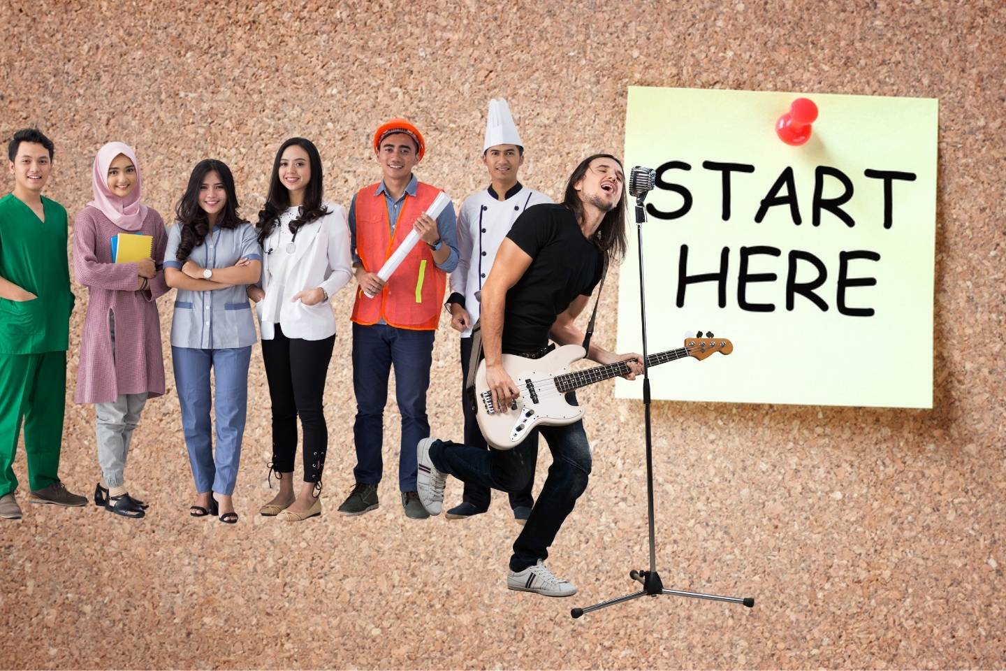 7 young people dressed in clothes suggesting a different profession, such as a medical intern, construction foreman, chef and band member at a microphone stand to the left of a sign on a corkboard (which forms the background). The post-it note says 'Start here'.